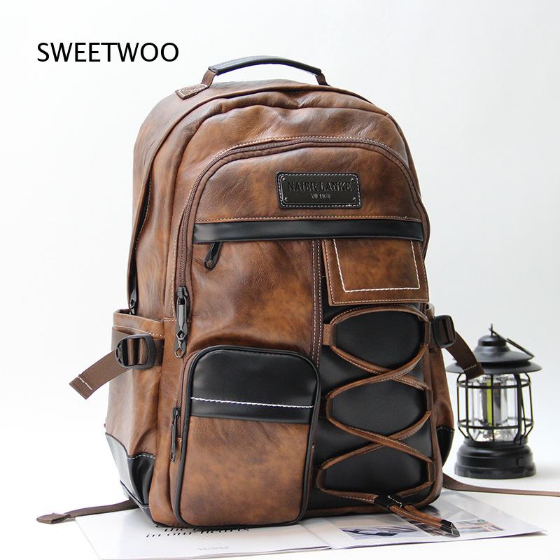 Men Brown Color Block Faux Lea - đánh giá và giá Leather Backpack Vintage
